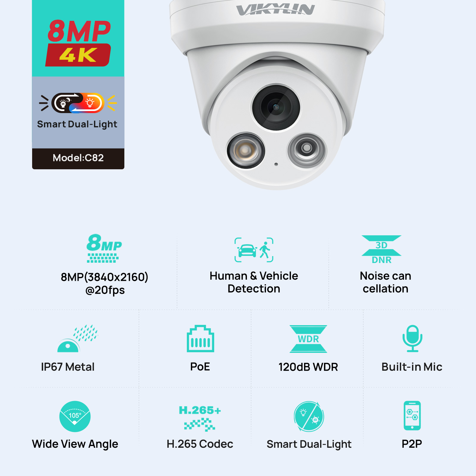 Outdoor Lighting Mains Powered - VIKYLIN 8MP 4K Çift Işıklı IP